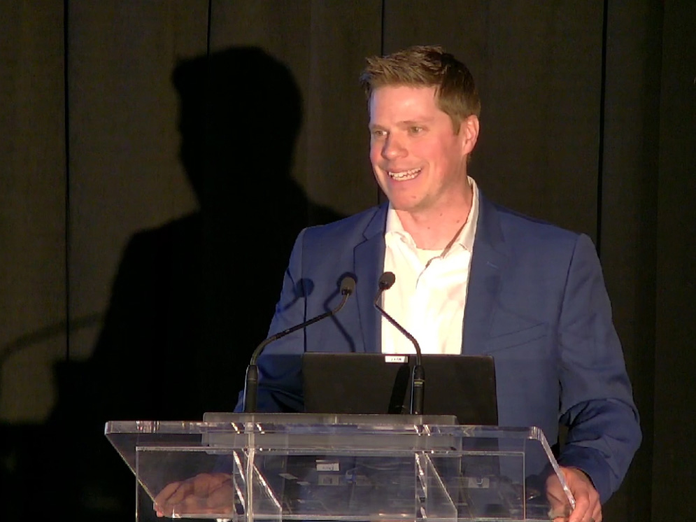 Shot of head of SEB Data services giving a speech at flexplus enterprise launch event