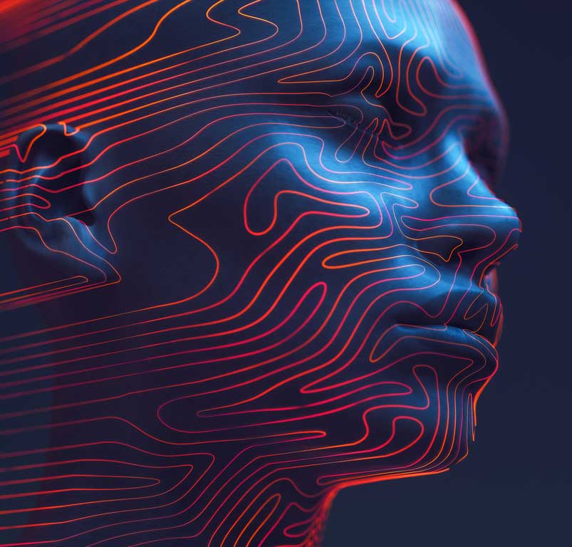 Shot of 3D rendered digital human head outlined with neon contour lines that resemble a fingerprint's unique swirls, against a deep blue background