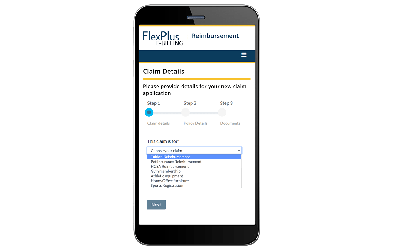 Screenshot of FlexPlus E-Billing user interface on a mobile device