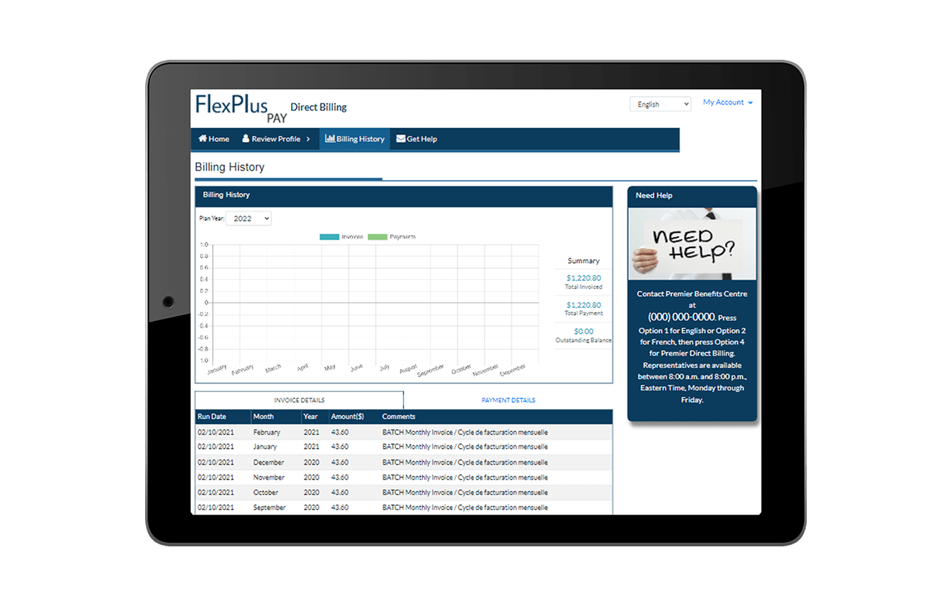 Benefits Solutions Flexplus Pay user interface on digital tablet